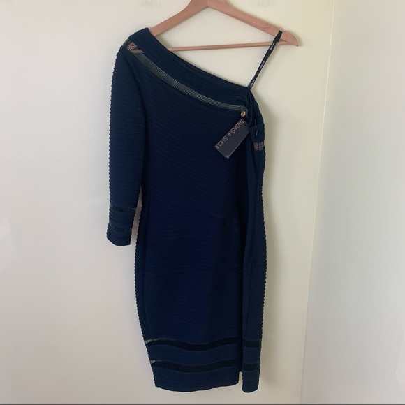 NWT Tadashi Shoji One Shoulder Mesh Illusion Cutout Navy Blue Dress in Large - Picture 2 of 16